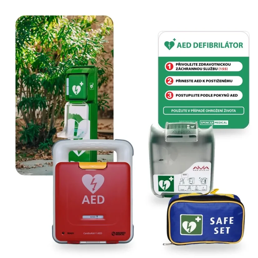 Záchranné stanoviště na stojanu na kód – AED CardioAid-1 + AIVIA 210 V3 + stojan BORNAVIE V3